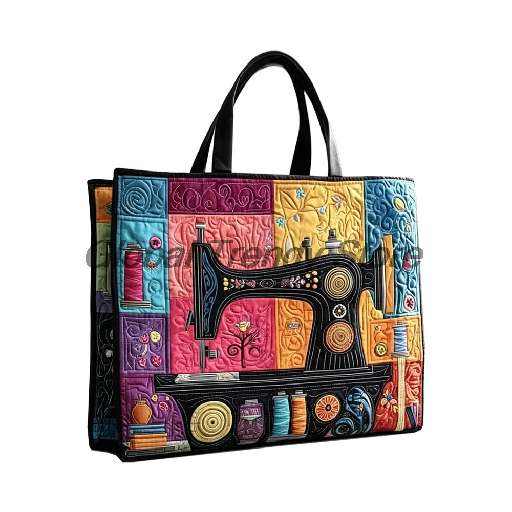 Retro Sewing Machine Print Quilted Tote Floral Pattern Shoulder Bag Women Casual Daily Handbag For Shopping