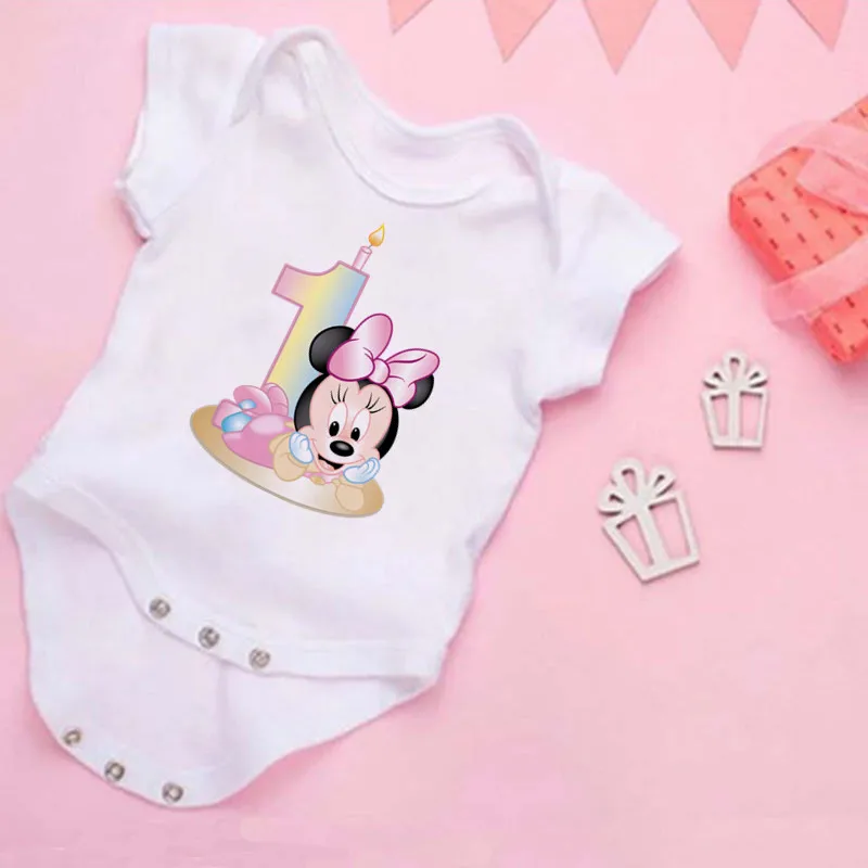 My First Birthday Minnie Mouse Newborn Summer Romper Infant Body Toddler Short Princess Sleeve Jumpsuit Baby Girl Birthday Party