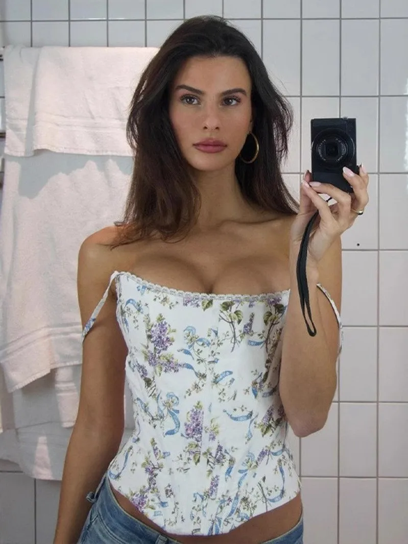 مثير الخصر Cinching سليم صالح المرأة سترة Strapl ort طول الأزهار طباعة المحملة خلات الألياف ملابس داخلية بواسطة غير معروف B... #1