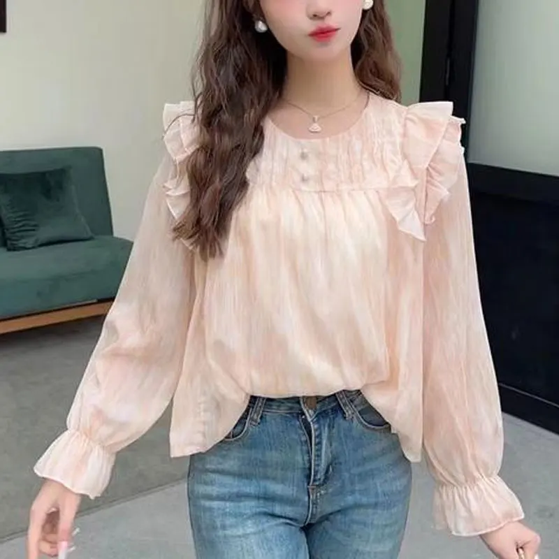 Sweet Printed Ruffles Spliced Blouse Korean O-Neck Female Clothing Fashion Folds Spring Autumn Loose Casual Long Sleeve Shirt