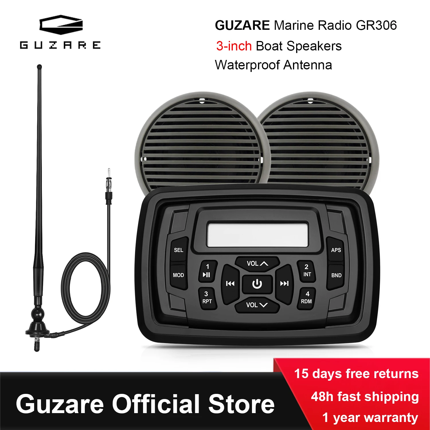 

GUZARE Marine Stereo Radio GR306 & Speakers N061 & Antenna N065B,Black Set for RV UTV ATV Boats Yacht