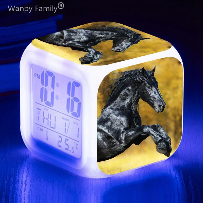 Galloping Black Horse Alarm Clock Children's Room Home Decor 7Color Changing Small Table Clock Horse Doll For Kids Birthday Gift