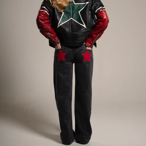 Imagen 2 del producto Y2K Vaqueros de pierna recta para mujer, Vaqueros holgados Retro con textura de estrella de la suerte personalizados, Vaqueros de cintura baja con uñas de sauce de calle alta con estilo