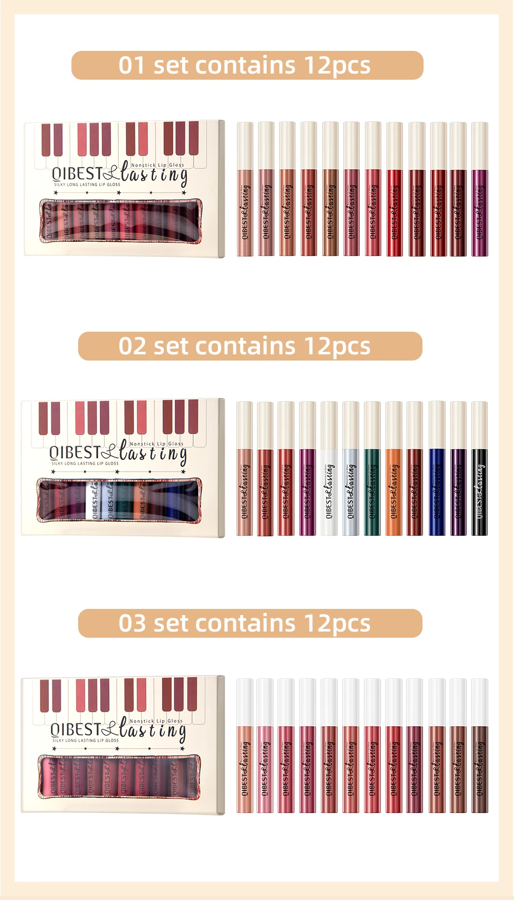 QIBEST 12 Colors Matte Liquid Lipstick Sets Lip Gloss Waterproof Long Lasting Sexy Red White Black Nude Lipgloss Makeup Sets