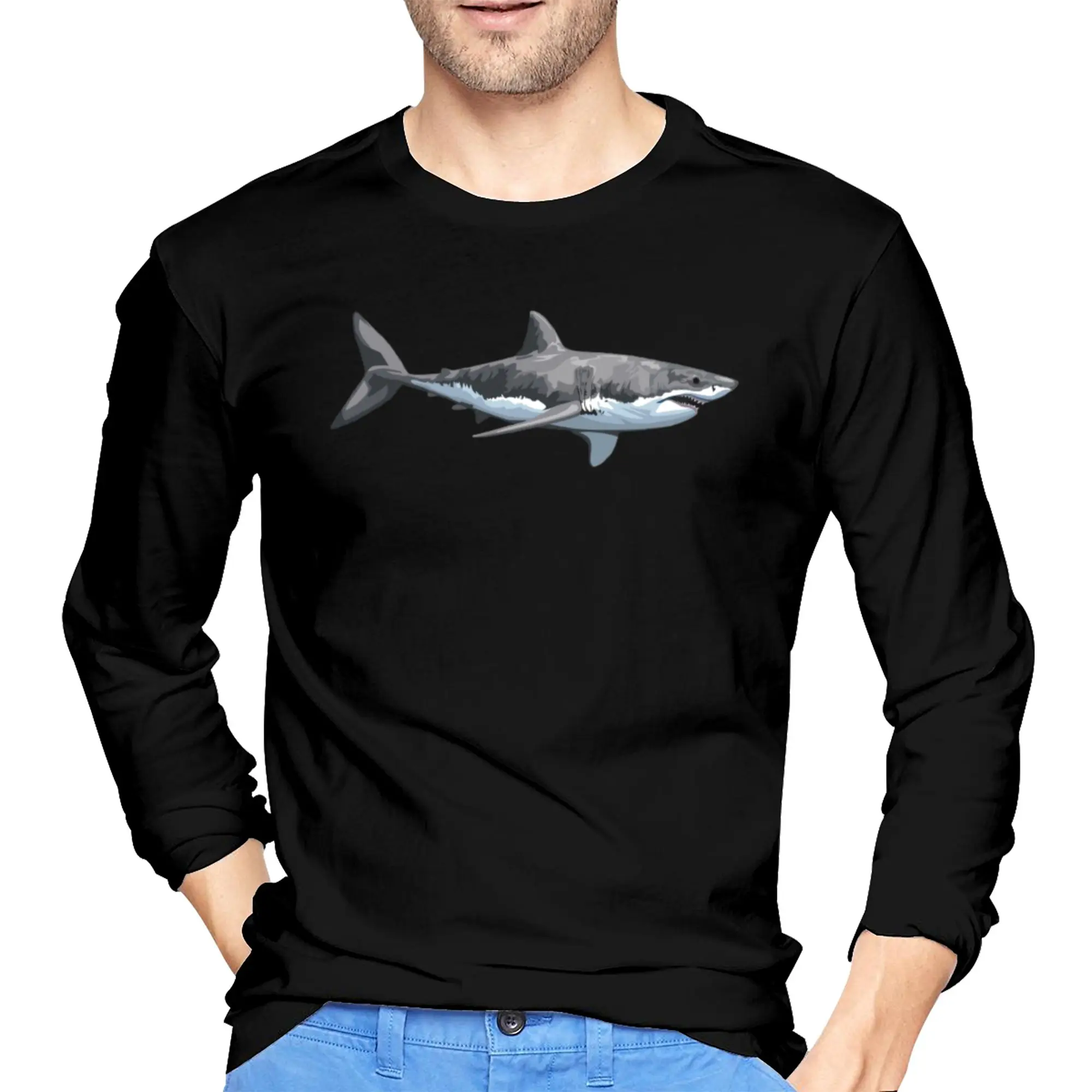 

Great White Shark Men's Long Sleeved T-shirt Breathable Round Neck T shirts Spring and Autumn Men tops