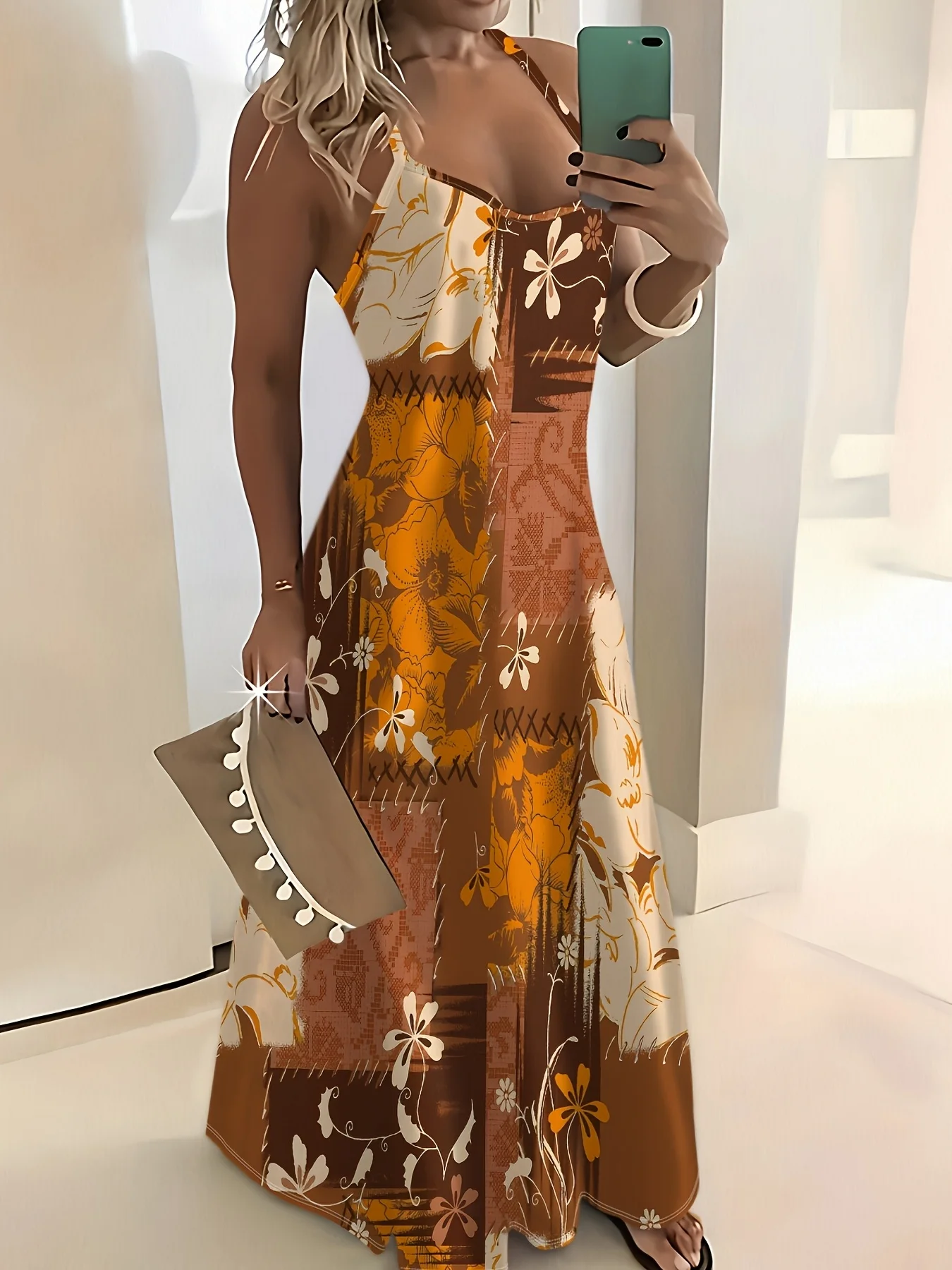 Vintage braun-beiges Blumenmuster-Slip-Kleid für Damen, Sommerliches, lässiges, ärmelloses Maxikleid, fließendes A-Linien-Kleid für den Urlaub