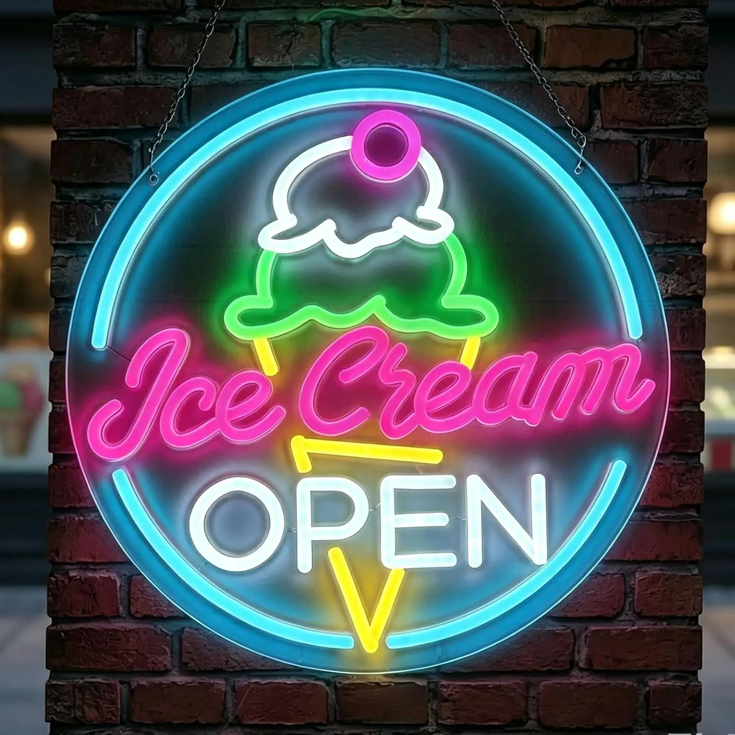 Ice Cream Open Neon Sign USB Dimmable LED Neon Light for Ice Cream Shop Cafe Dessert Bar Restaurant Dessert Business Signage