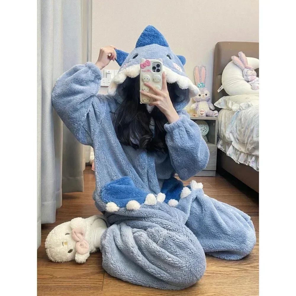 

Cartoon Cute Shark Women's Pajamas Flannel Hooded Sleepwear jumpsuit Female Set Cute Pyjamas Halloween Party Loungewear L90