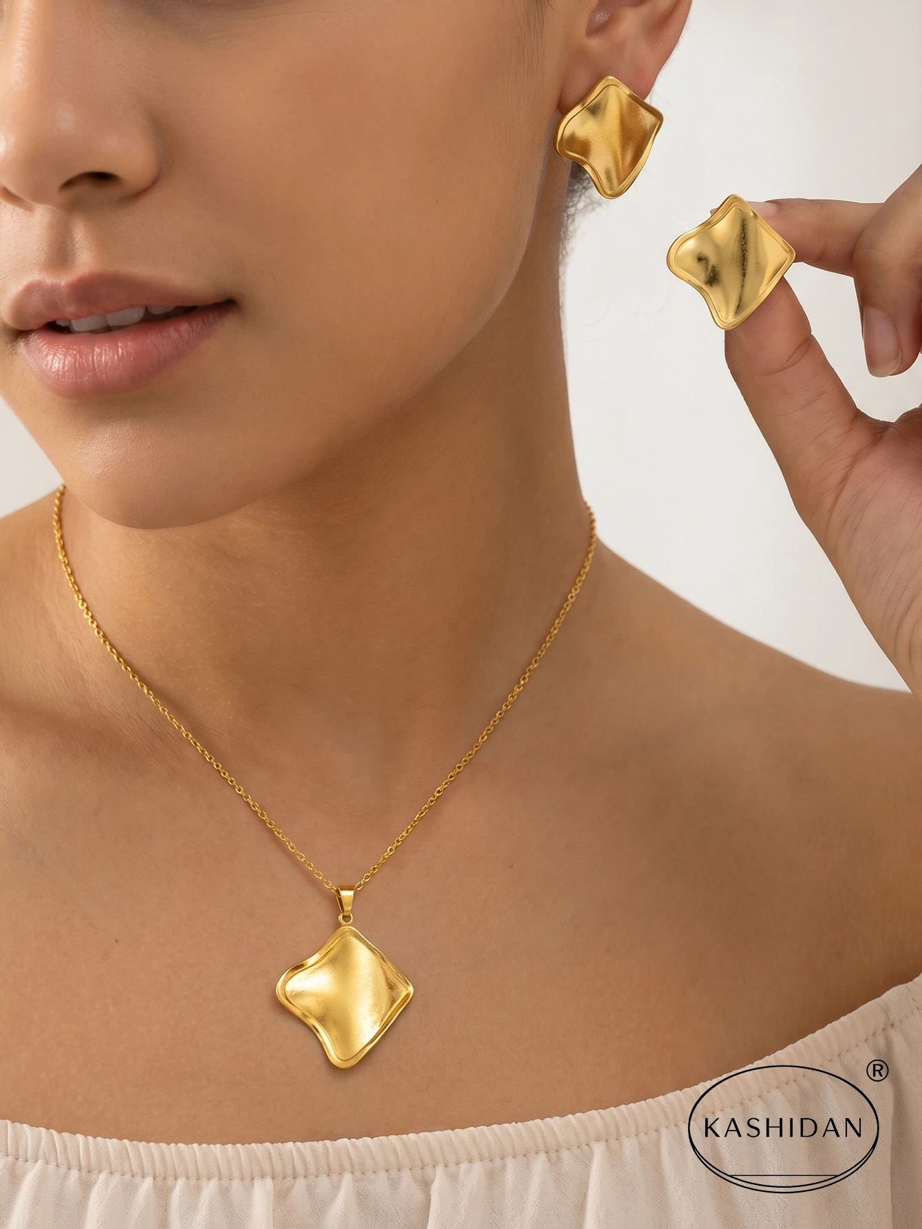Fashion Stainless Steel Jewelry Set for Women Irregular Brushed Rhombus Pendant Necklace Wavy Square Stud Earrings