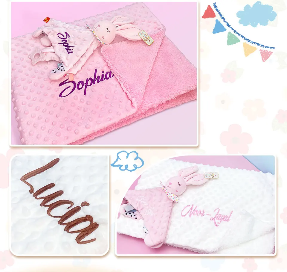 Personalisierte Neugeborenen-Babydecke mit Namen, Maßgefertigtes Dot-Minky-Kinderwagen-Pucktuch-Set, Sicherheitstuch, Babyparty-Geschenk für Jungen – Detail 11