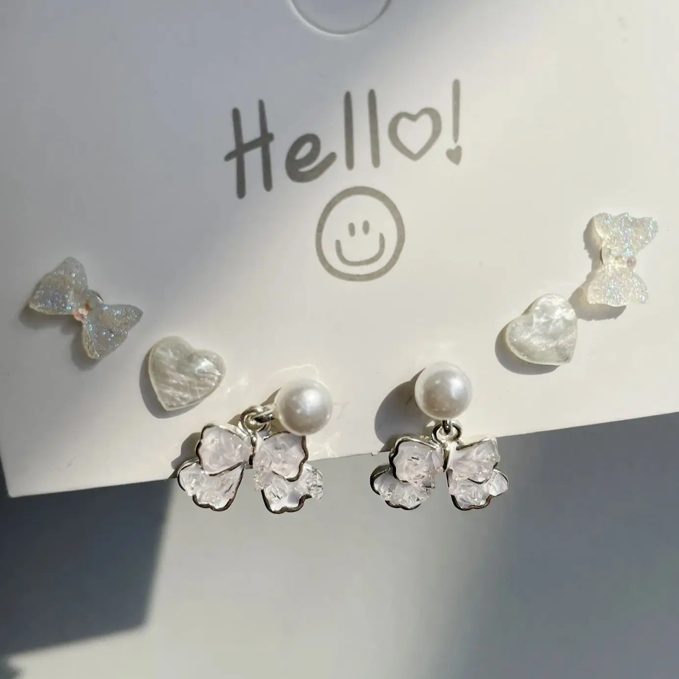 6 Pcs Fashion Heart Bow Knot Y2K Cute Imitation Pearls White Earrings Set Women Casual Party Daily Gifts Jewelry