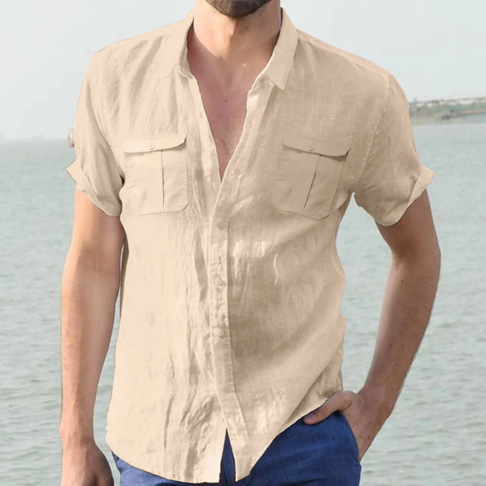 2023 New Summer Men's Short Sleeve Shirt Linen Tshirt Solid Color Often Double Pocket Casual Loose Man Fashion Shirt Beach Tops