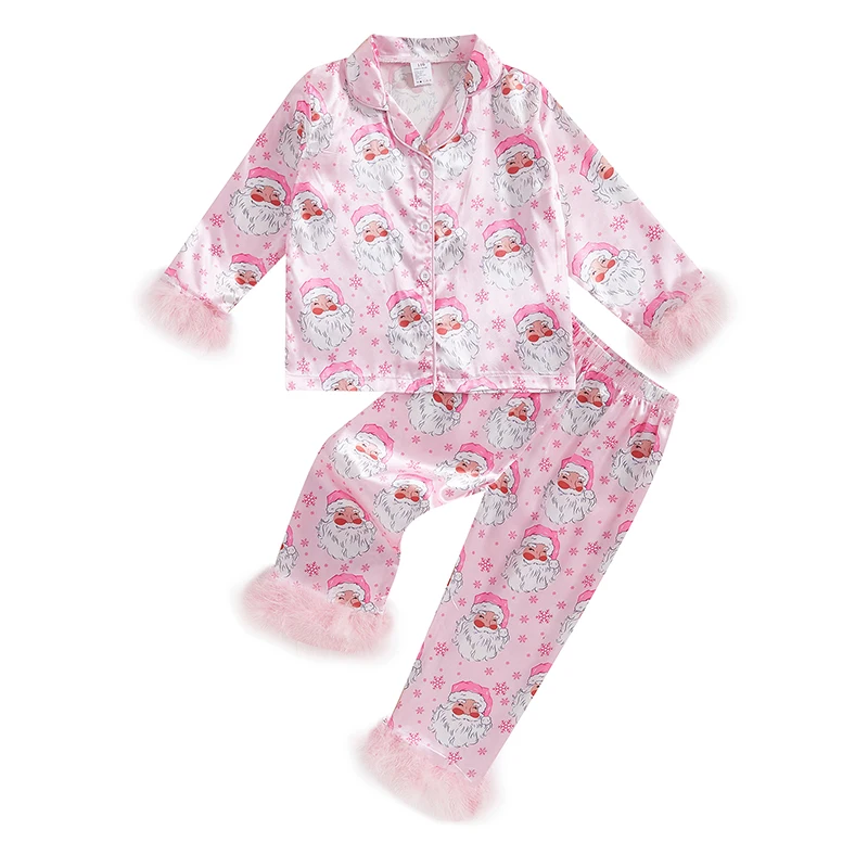 Toddler Girl 2-Piece Christmas Pajamas Set with Long Sleeve Feather Trim Shirt and Pants - Festive Sleepwear for Baby