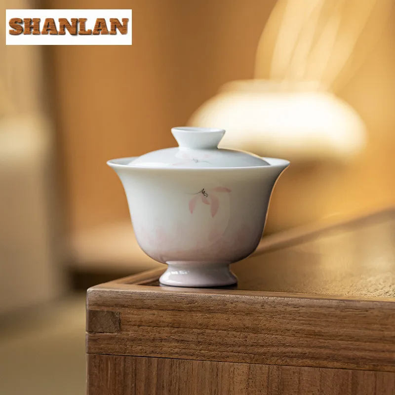 

100ml Hand-painted Pink Orchid High Foot Gaiwan Retro Tea Tureen Tea Bowl With Lid Kit Tea Brewing Cover Bowl Drinkware Craft
