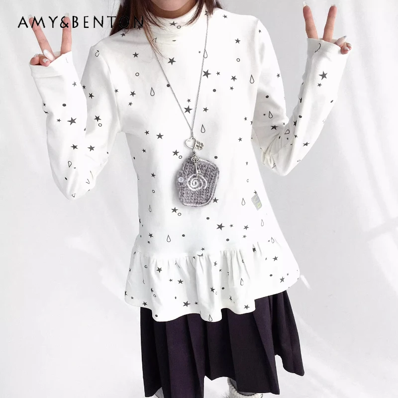 

Original Design White Star Striped High Neck Women's Bottoming Shirt Autumn Winter Ruffled Versatile Long Sleeve T-Shirt Ladies