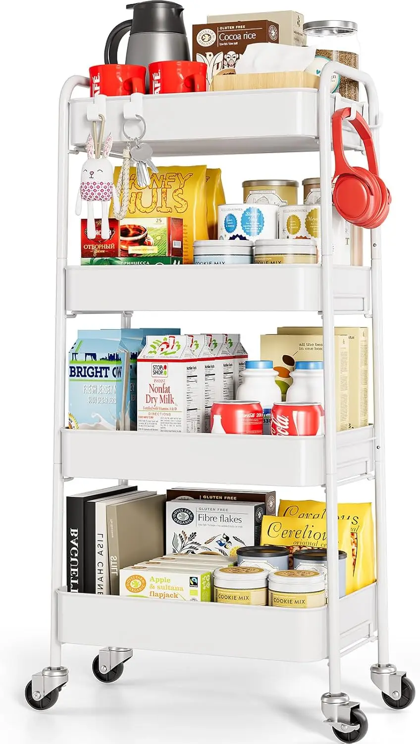 

4-уровневая тележка на колесиках, запираемые ролики, простая сборка, большая вместимость для кухни, ванной комнаты, офиса