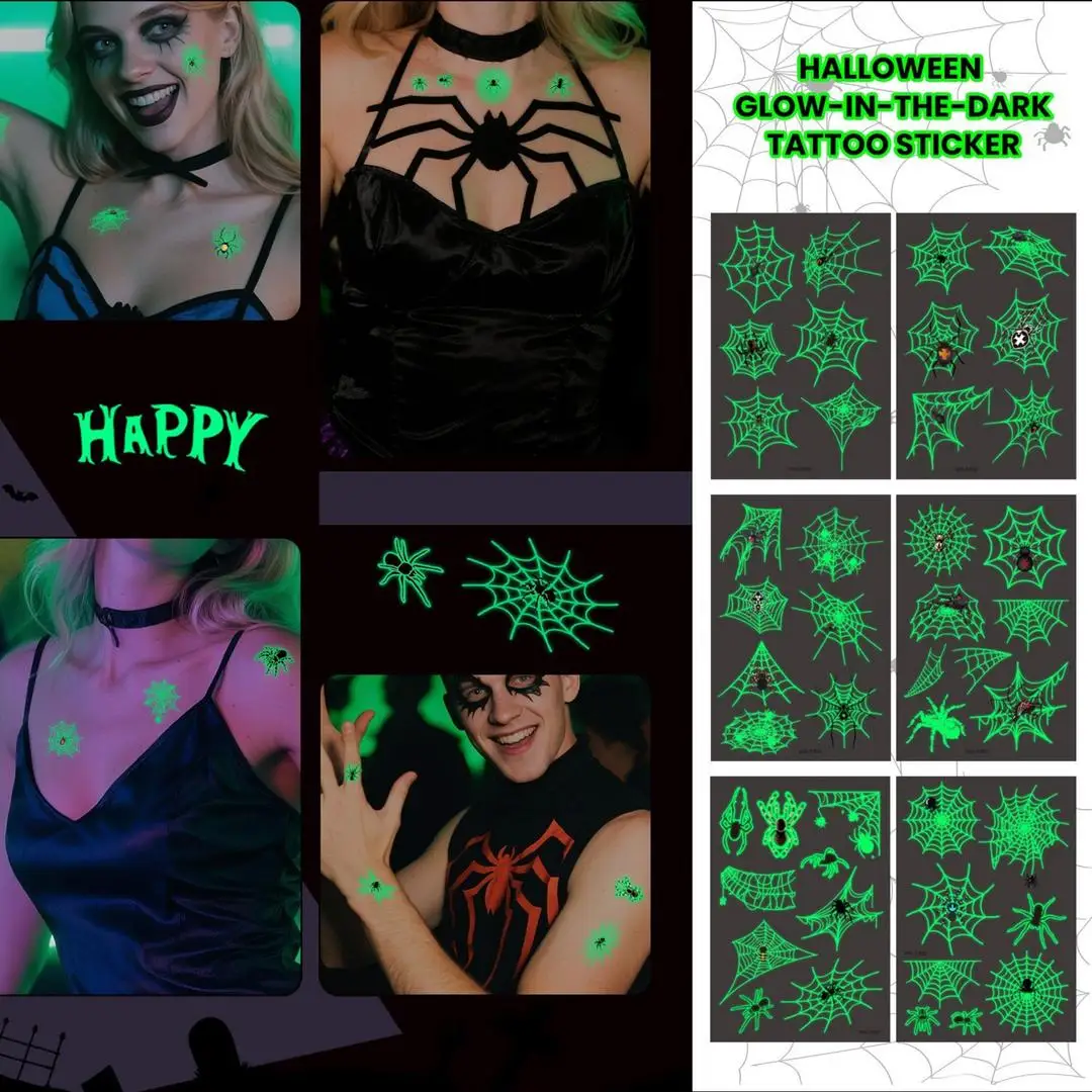 A 4/6/10Pcs Disposable Luminous Web Tattoo Stickers Halloween Temporary Fake Tattoos for Men Women Facial Body Decoration