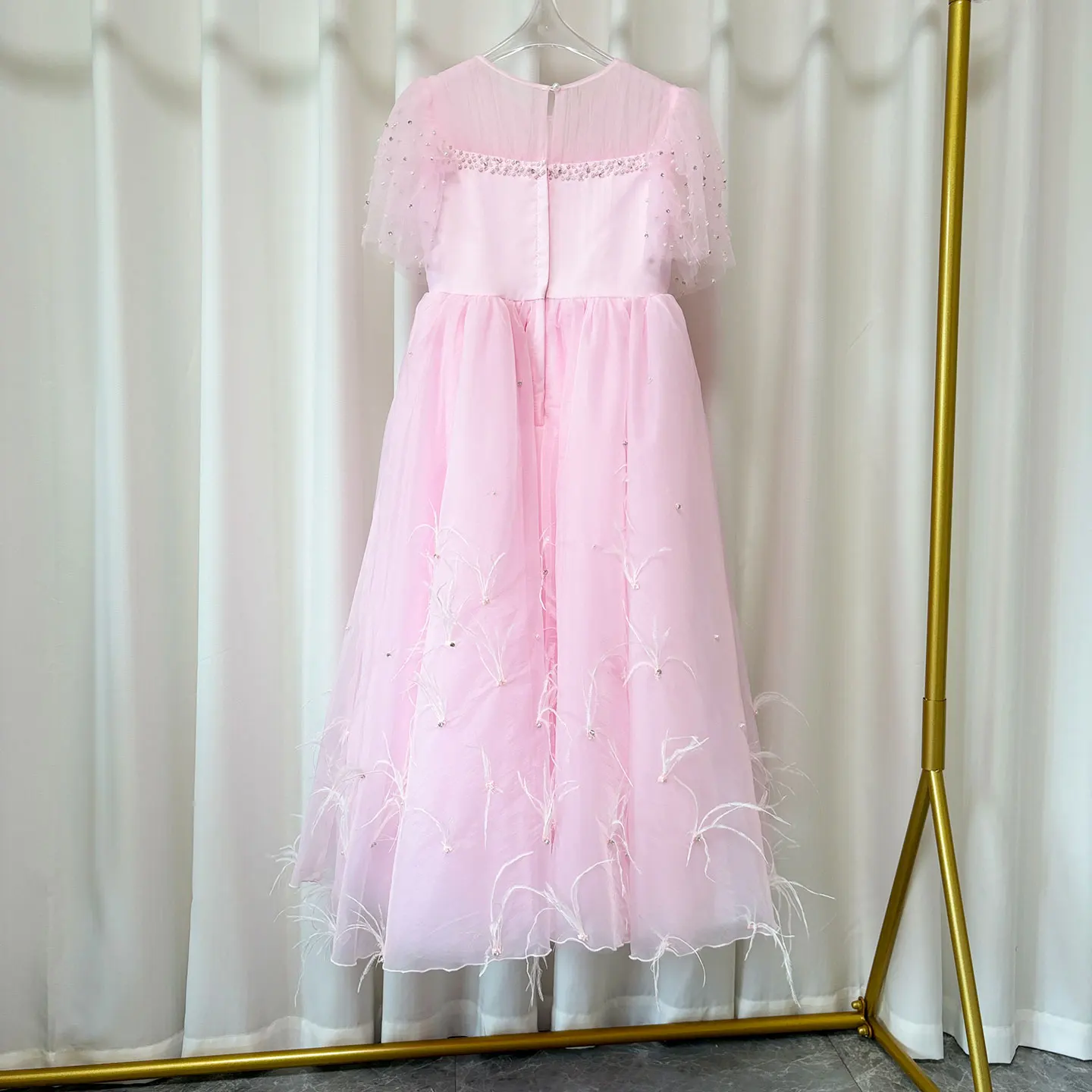 Jill Wish Luxury Blush Pink Girl Dress Feathers Beaded Princess Baby Kids Wedding Birthday Party Gown First Communion 2024 J391