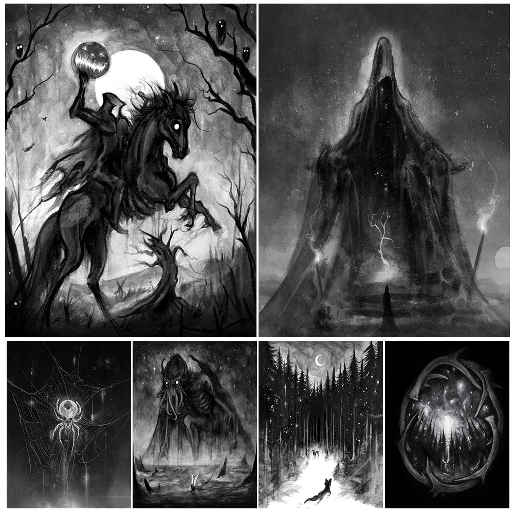 عظيم قديم واحد ومخلوق رعب خمر الرسم على لوحات القماش الجدارية الأحمر القلب شيطان مجردة ملصق فني وطباعة ديكور المنزل