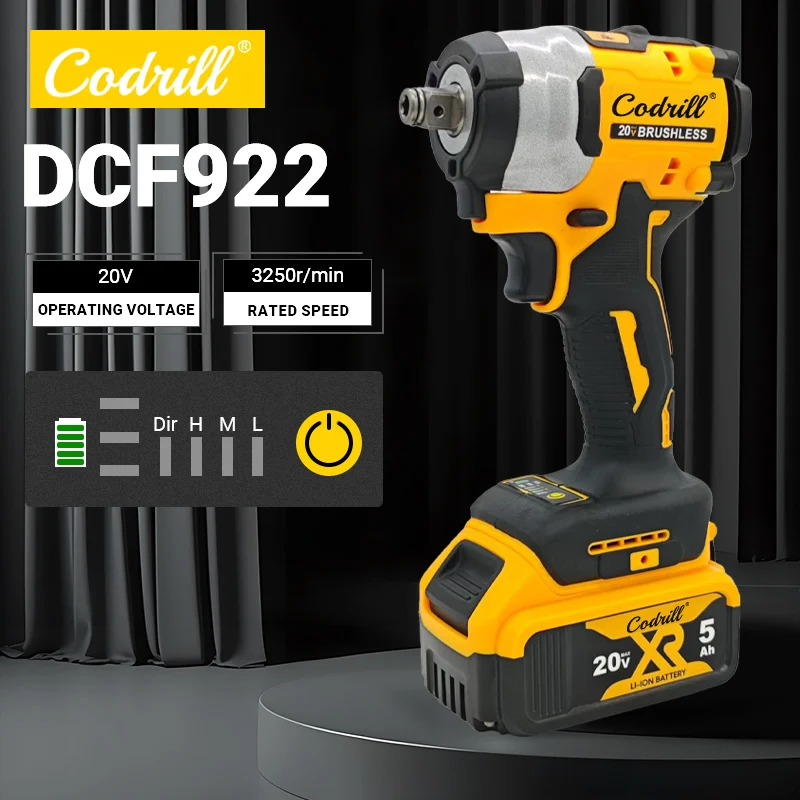 

Brushless Impact Wrench Cordless Driver Large torque Variable Speed Electric Wrench For Dewalt 20V Battery Rechargeable Tool