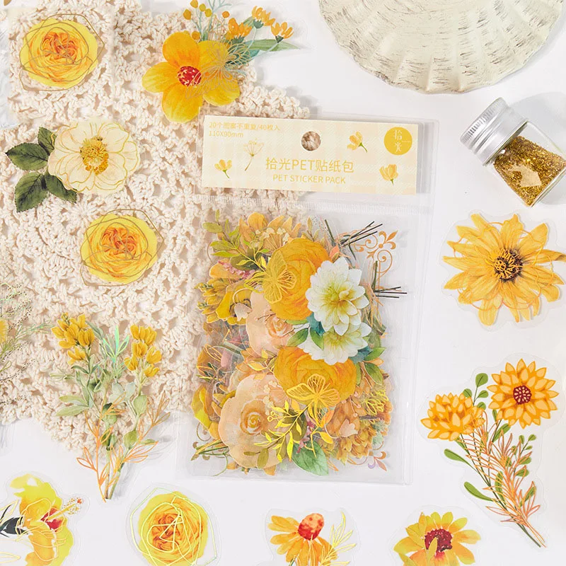 40pcs Floral PET Stickers Transparent Wildflower Plant Stickers for Junk Journal Album Handmade Card Decoration DIY Crafts