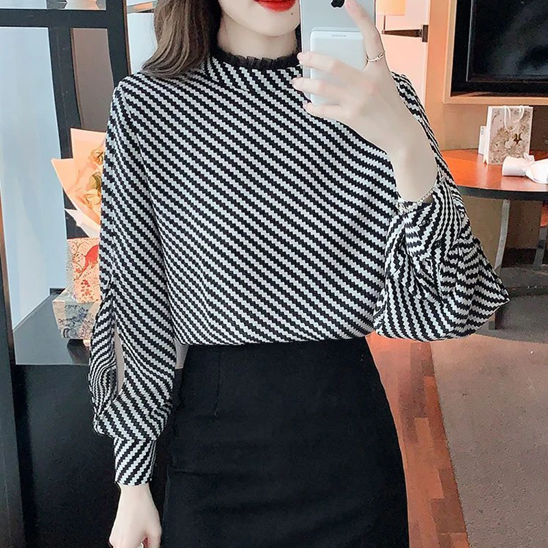 Women Korean Fashion Stand Collar Mesh Patchwork Blouses Elegant Chic Striped Print Shirts Long Sleeve Loose Tops Blusa De Mujer