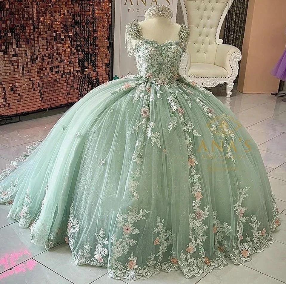 ANGELSBRIDEP Sage Green Quinceanera Dress With 3D Flowers Appliques Beading Corset Sweet 15 Vestidos De Quinceañera China Gala