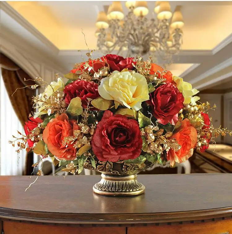 Imagem -04 - Europeu Vaso de Cerâmica Mais Conjunto de Flores Artificiais Ornamentos em Casa Sala de Estar Mesa de Café Figurinhas Falsas de Seda Artesanato Decoração