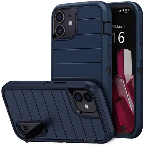 Voor iPhone 11 hoesje, 3 lagen, robuust, beschermend standaard, hybride harde telefoonhoes, blauw zwart