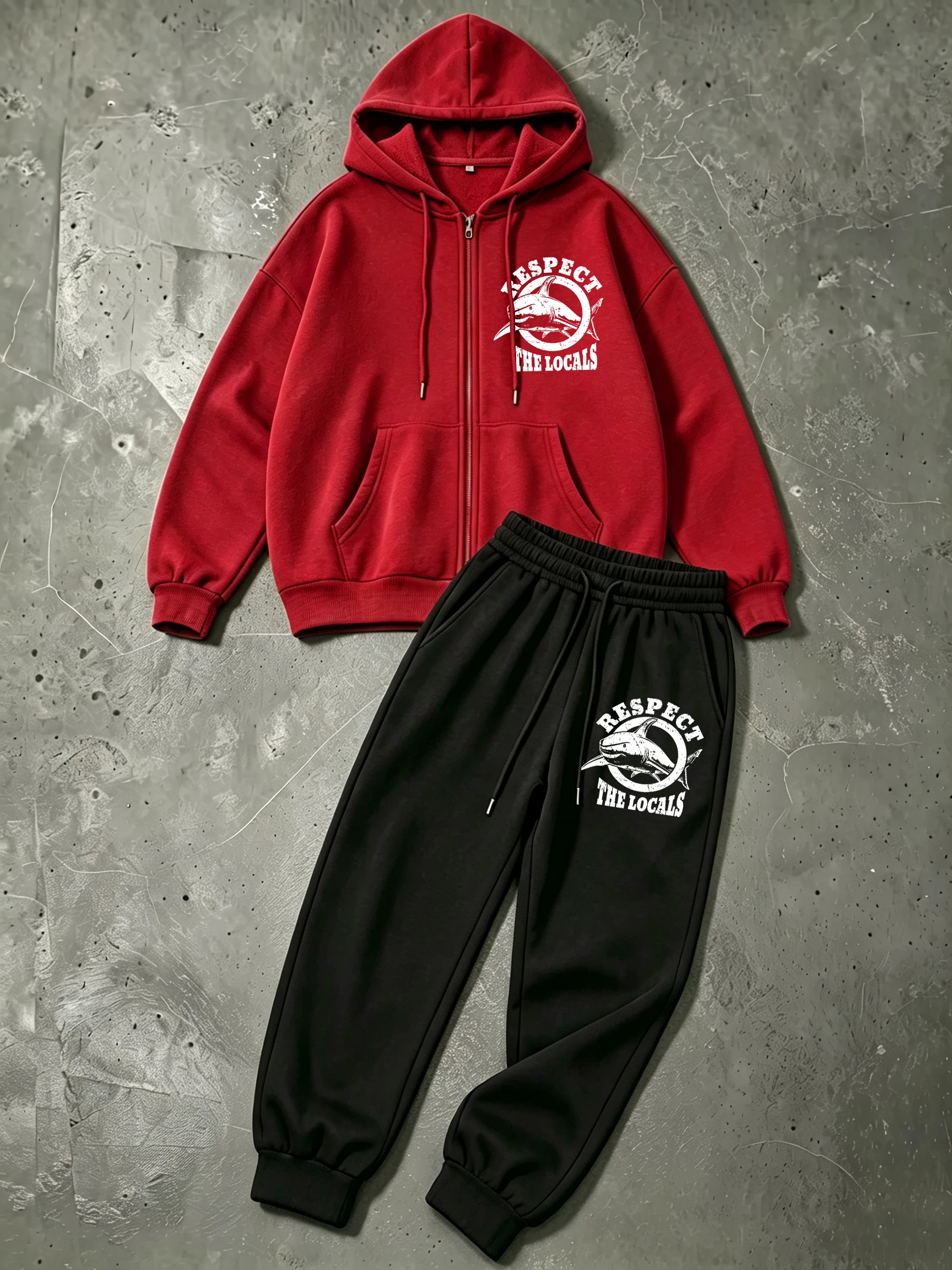 Respect The Locals Sharks Print Men Zipper Hoodie Suit Fleece Autumn Hoody Set Drawstring Pocket Sportswear Loose Gym Sweatpants