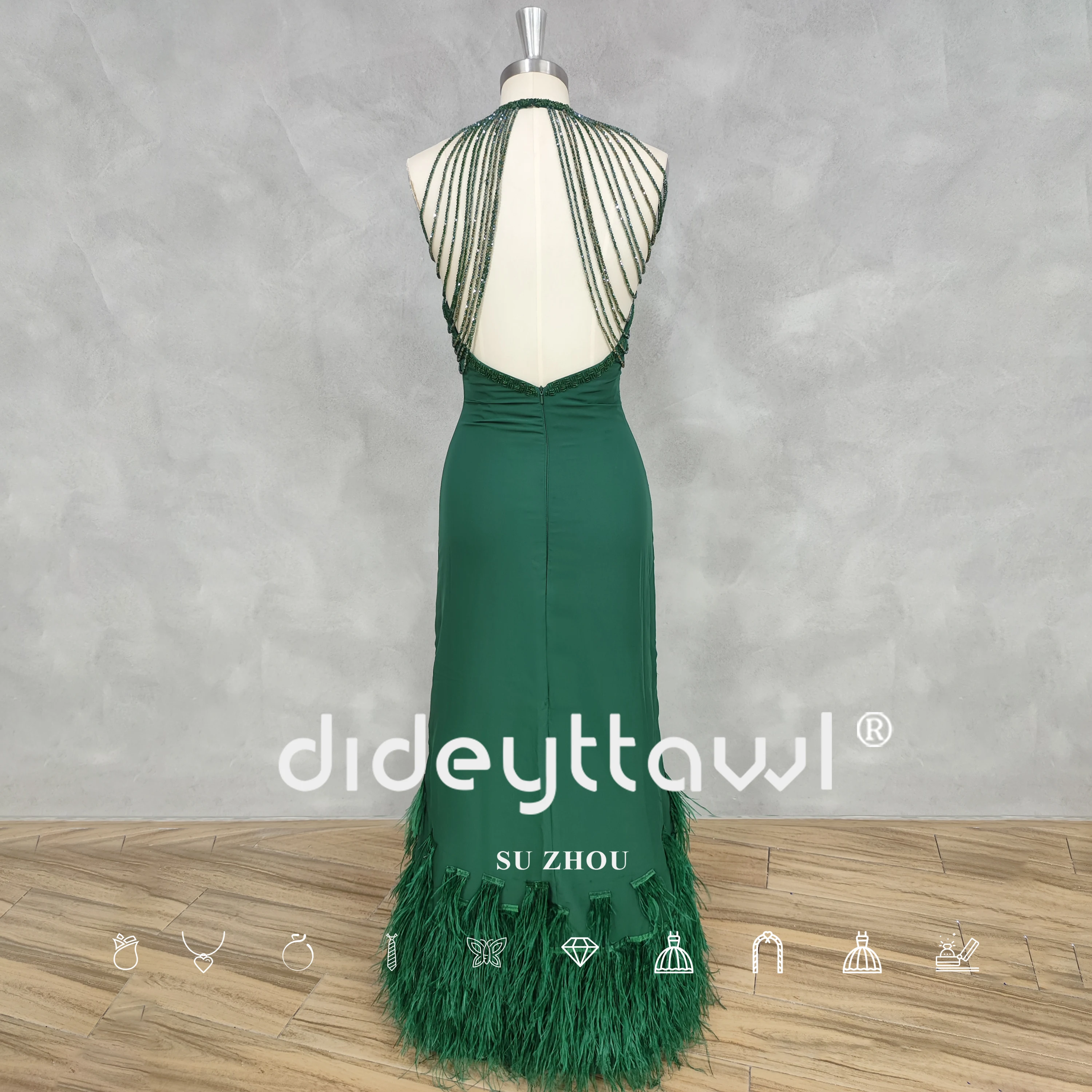 DIDEYTTAWL Real Photos High-Neck Sleeveless Beading Feathers Prom Dress Open Back Mermaid Ankle Length Evening Gown Custom Made