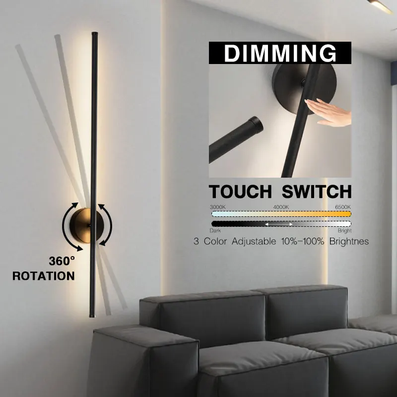 

Touch Dimmable LED Wall Lighting Nordic 360° Rotatable Aluminum Sofa Background Corridor Wall Lamp 40cm/55cm/60cm/80cm/100cm