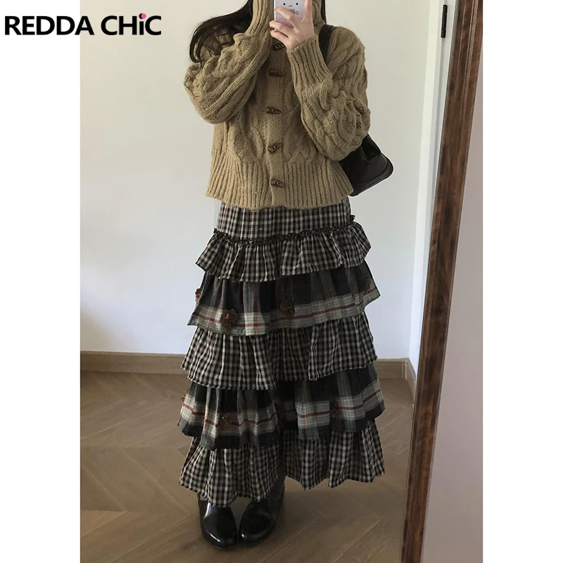 

ReddaChic Brown Plaid Spring Autumn High Waist Cake A Line Long Skirt Puffy Faldas Mujer Women's Checked Korean Elegant Skirt