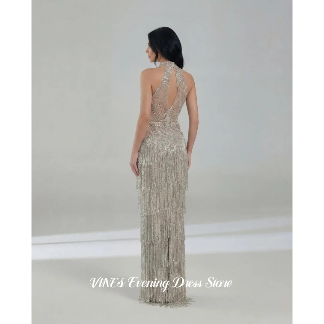 VINES Silver Halter Neck Prom Dress Mesh Crystal Beaded Tiered Fringe Tassel Mermaid Evening Dress Luxury Party Dress Customized view 2