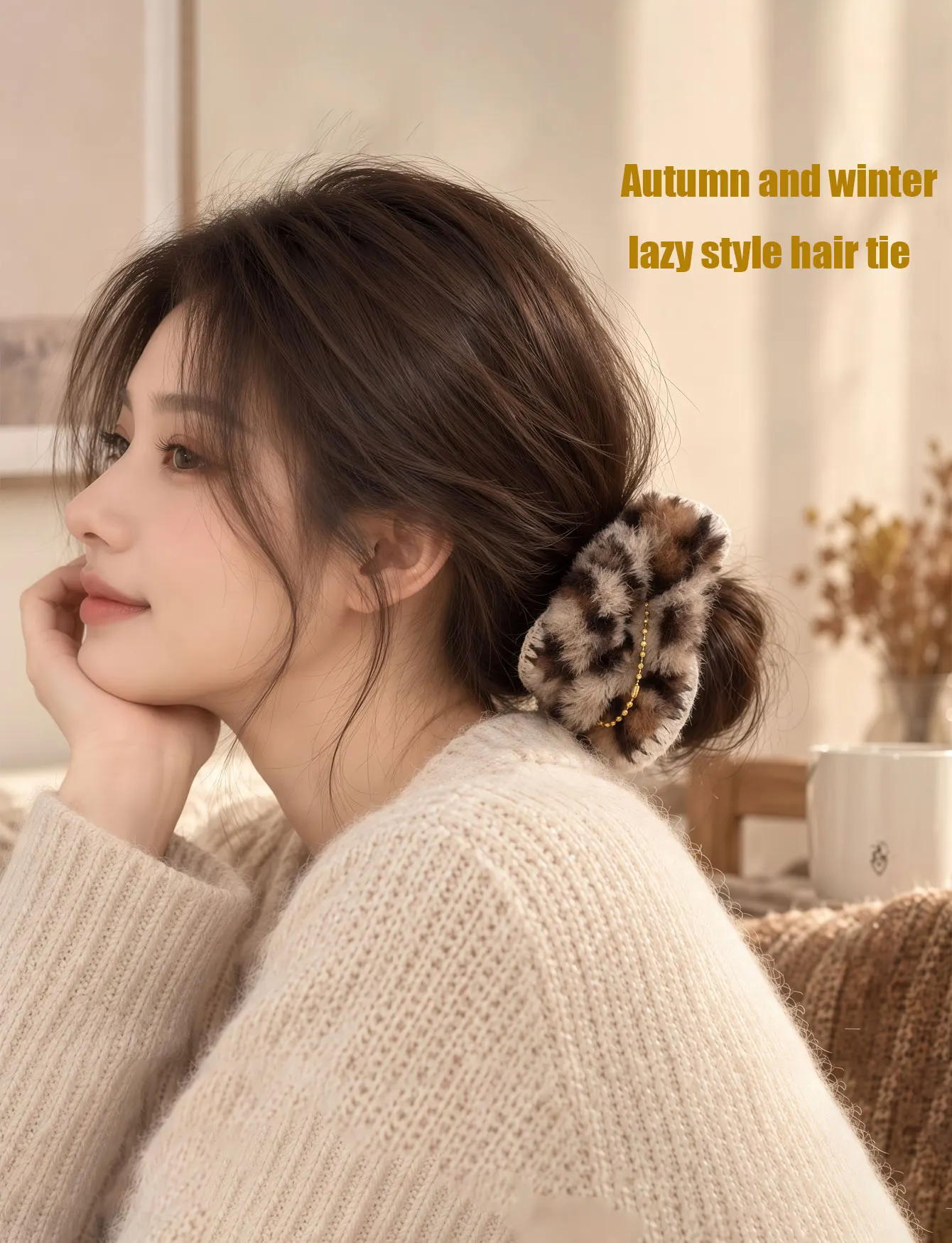 4PCS  2026 Autumn/Winter New Style Fur Leopard Pattern Pom-pom Hairpin with Fluffy Retro Fringe Headband for Hair Styling