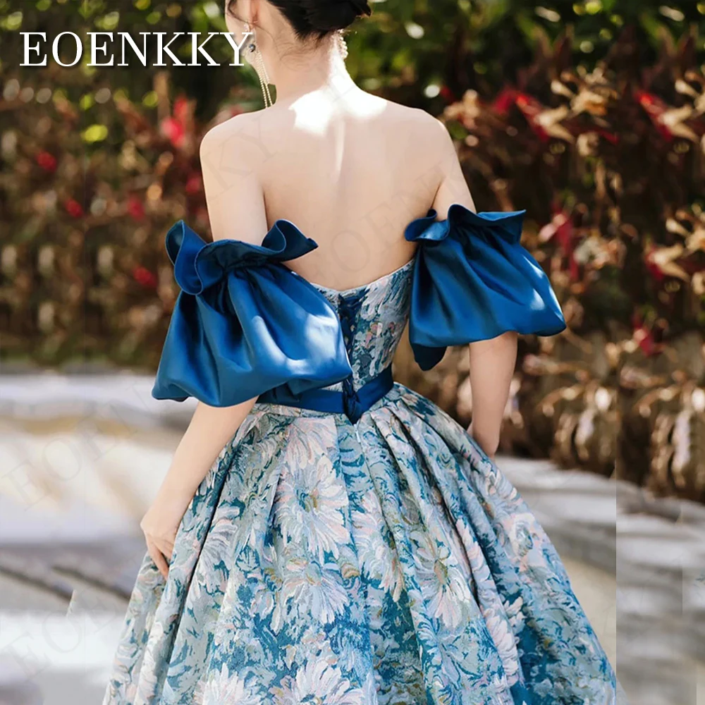 Luxury Flora Print Blue Korean Prom Dresses Removable Puff Sleeves Strapless A Line Evening Gowns Formal Occasion  Floor Length