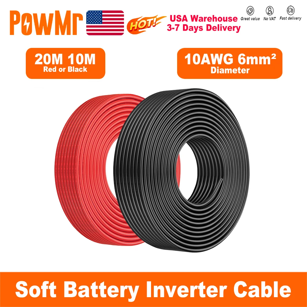 

PowMr 20m 10m 328FT Solar Power Cable 6mm² 10AWG Wire PV Photovoltaic Cable TUV Cable For PV Panels Connection Red Black Jacket