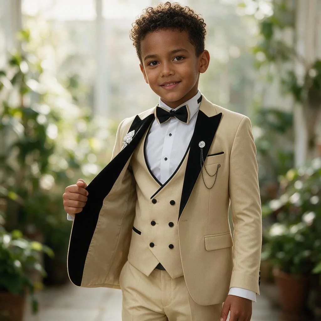 Khaki Boys Suit 3pcs Black Velvet Peak Lapel Jacket Vest Pants Custom Slim Fit Set For Wedding Kids Pageboy Party Tailcoat