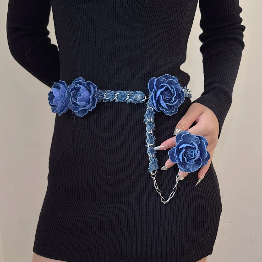 

French Vintage Blue Denim Flower Fringed Chain Belt Women Beautiful And Fashionable Dress Accessory Waistband