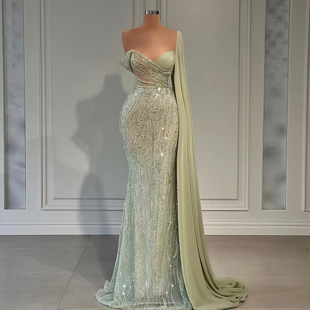 Luxury Green Evening Dresses Sweetheart One Shoulder Sleeve Floor Length Mermaid Shiny Sequined Elegant Prom Banquet Gowns