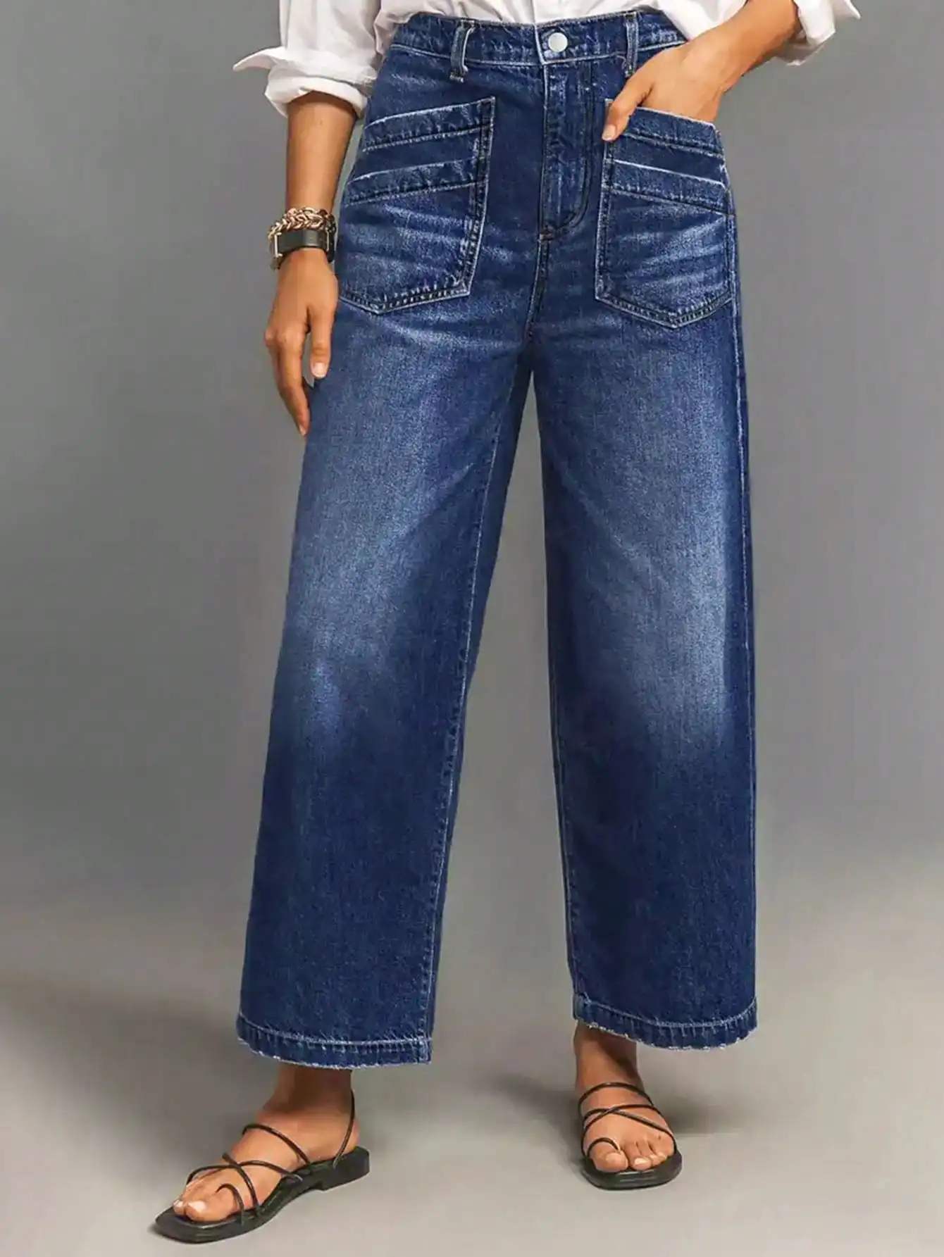 Vaqueros vaqueros de mezclilla lavados de talle alto para mujer con diseño de bolsillo elegante: perfectos para ropa casual de principios de otoño
