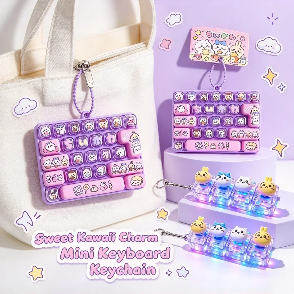 IN STOCK Chiikawa LED Keyboard Keychain Fidget Toys, 26-Key Fidget Keychain Caps Clicker, Stress Relief Keyboard Keychain Toy