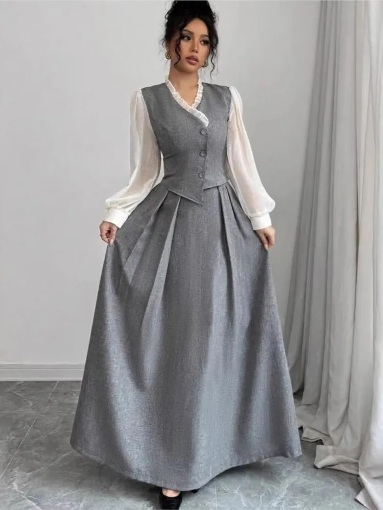 

Комплект из 2 предметов: Элегантное женское макси-платье с длинным рукавом, однотонное, для вечерних мероприятий и уличных вечеринок, коллекция Весна-Лето 2026