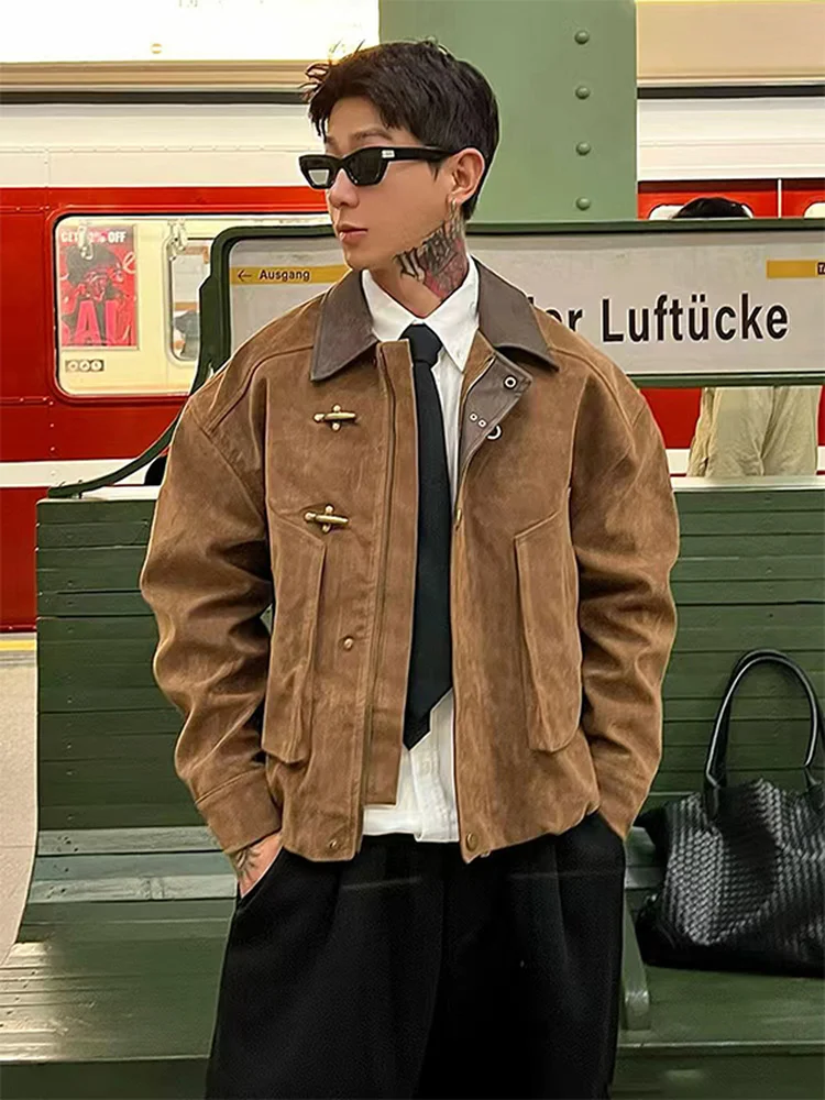 

Retro American Sle Suede Workwear Jaet Men's Collar Zipper ort Coat Aircrt Button Autumn Winter New Arrival Youth Fas...