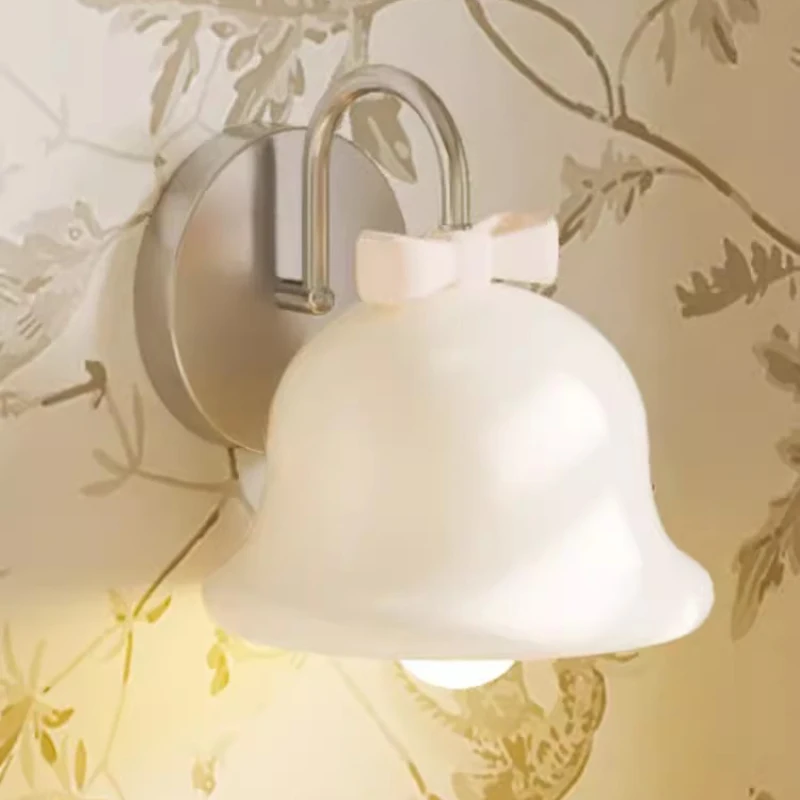 Cute Princess Room Bedside Wall Lamps White Bow Bell Lamp Modern art Romantic Warm Children\'s Room Girl Bedroom Wall Lights LED