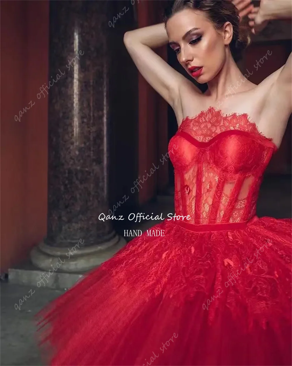 Qanz-Vestido De baile De graduación rojo para mujer, traje De tul con volantes, fruncido sin tirantes, Apliques De encaje, trajes De cumpleaños, Vestido corto De lujo De Fiesta