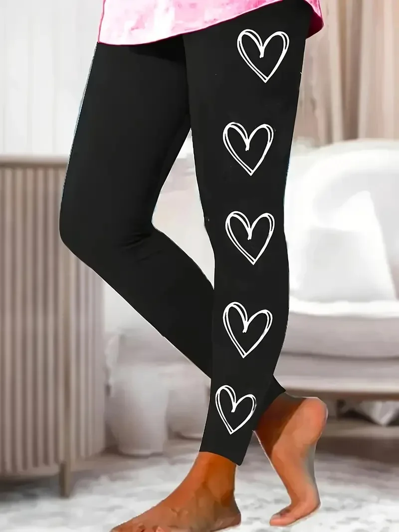 Love patchwork printed tight stretch elastic waist women\'s casual leggings