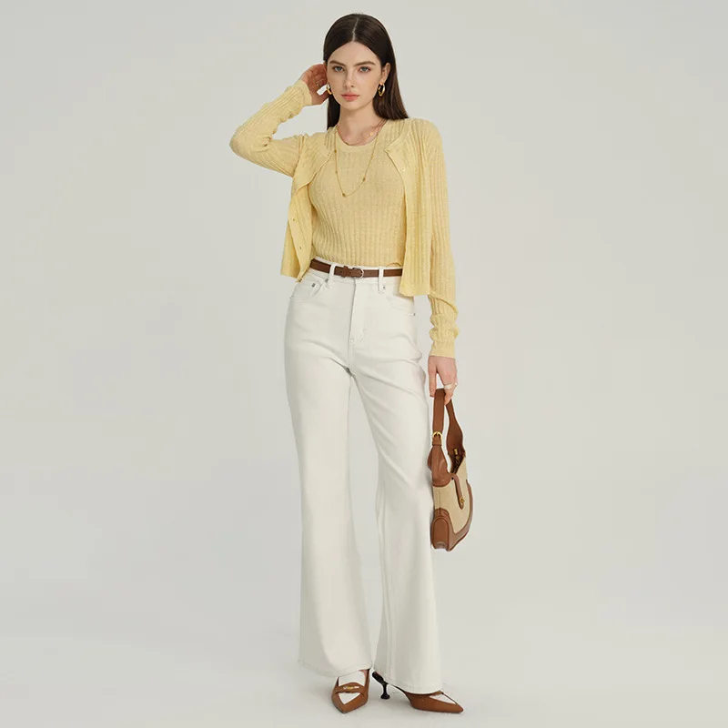 Women High Waist Flare Jeans Four-Way Stretch Off White Thin Bootcut Wide Leg Denim Pants Summer Slim Fit Tummy Control