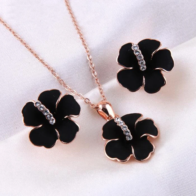 ZHOUYANG Top Quality ZYS028 Black Flower Rose Gold Color Jewelry Necklace Earring Set Rhinestone Made with Austrian Crystals