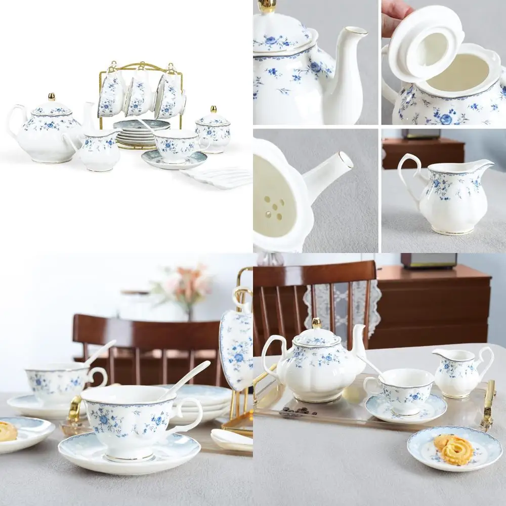 

fanquare 15 Piece Blue Rose Porcelain Tea Set, British Floral Teapot with Tea Cups, Women Tea Party Set for 6